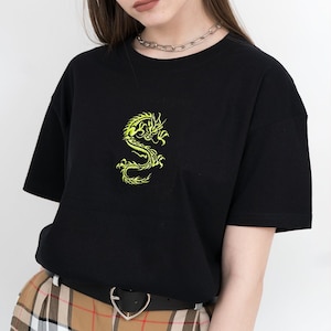 Dragon Shirt Dragon T-shirt, Neon Green, Embroidered Shirt, Aesthetic Clothing, Aesthetic Shirt, Tumblr Clothing, Tumblr Shirt, Grunge,Y2K image 1