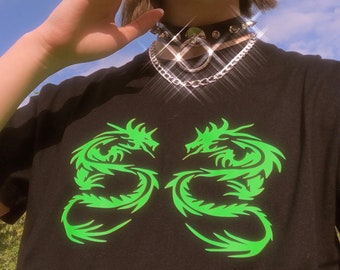 Dragon Shirt - Dragon T-shirt, Aesthetic Clothing, Neon Green, Embroidered Shirt, Aesthetic Shirt, Tumblr Clothing, Y2K, Grunge Clothing