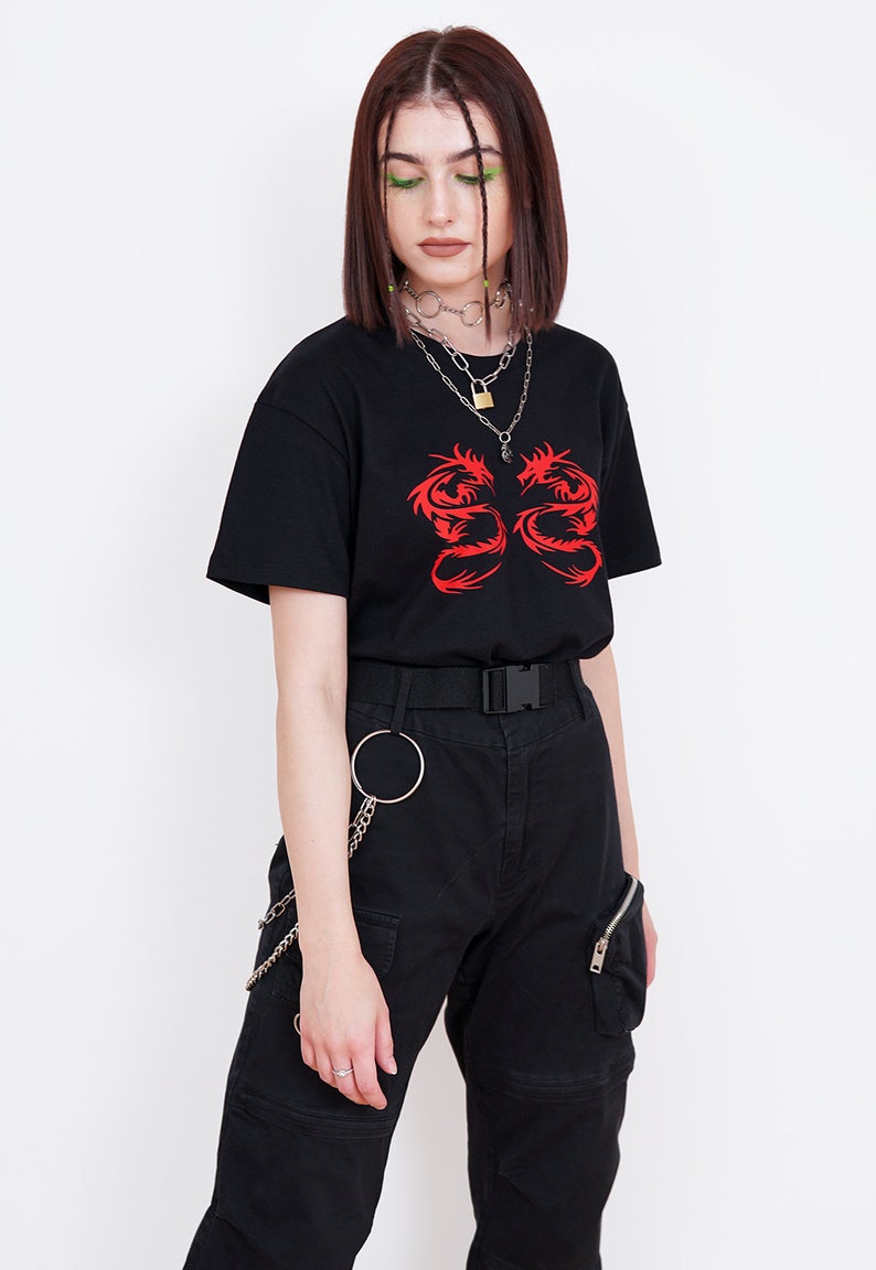 Dragon Shirt Dragon T-shirt, Aesthetic Shirt, Embroidered Shirt, Aesthetic Clothing, Dragon Print, Tumblr Clothing, Tumblr Shirt, Y2K image 5