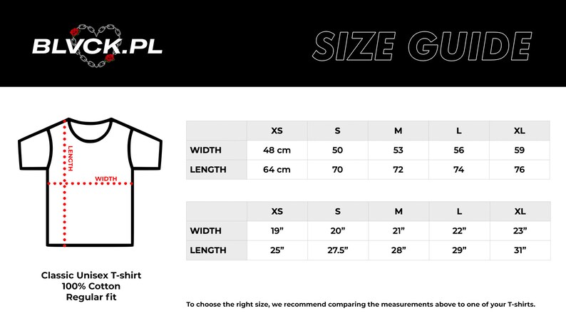 May include: White Classic Unisex T-shirt with size guide. The size chart shows measurements in inches and centimeters for width and length, ranging from XS to XL. The shirt is 100% cotton and has a regular fit.