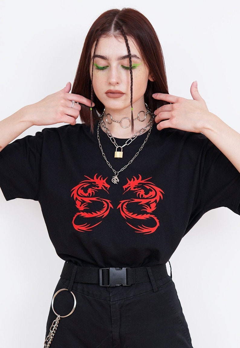 Dragon Shirt Dragon T-shirt, Aesthetic Shirt, Embroidered Shirt, Aesthetic Clothing, Dragon Print, Tumblr Clothing, Tumblr Shirt, Y2K image 1