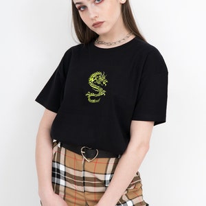 Dragon Shirt Dragon T-shirt, Neon Green, Embroidered Shirt, Aesthetic Clothing, Aesthetic Shirt, Tumblr Clothing, Tumblr Shirt, Grunge,Y2K image 2