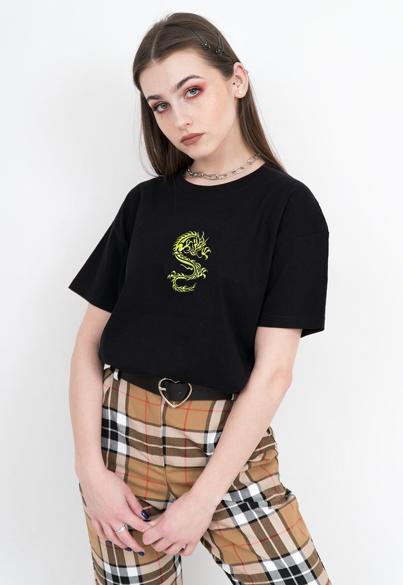 Dragon Shirt Dragon T-shirt, Neon Green, Embroidered Shirt, Aesthetic Clothing, Aesthetic Shirt, Tumblr Clothing, Tumblr Shirt, Grunge,Y2K image 2