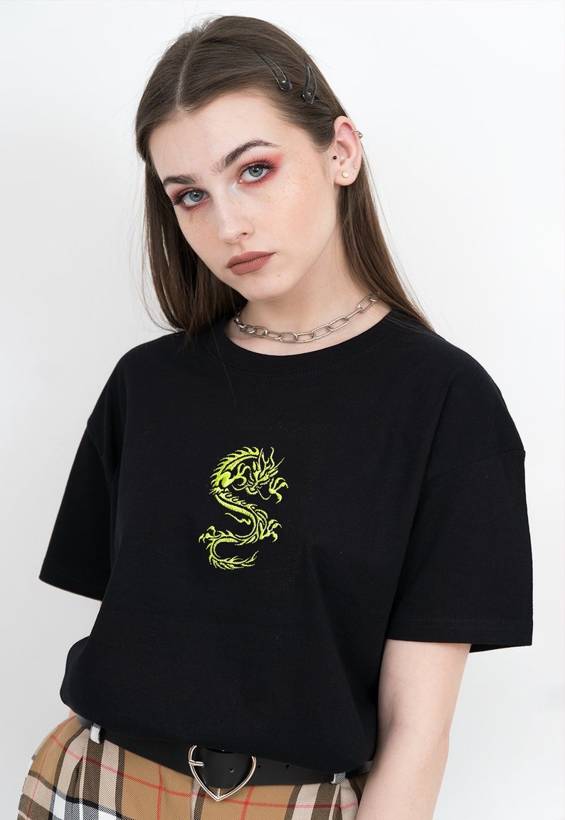 Dragon Shirt Dragon T-shirt, Neon Green, Embroidered Shirt, Aesthetic Clothing, Aesthetic Shirt, Tumblr Clothing, Tumblr Shirt, Grunge,Y2K image 1