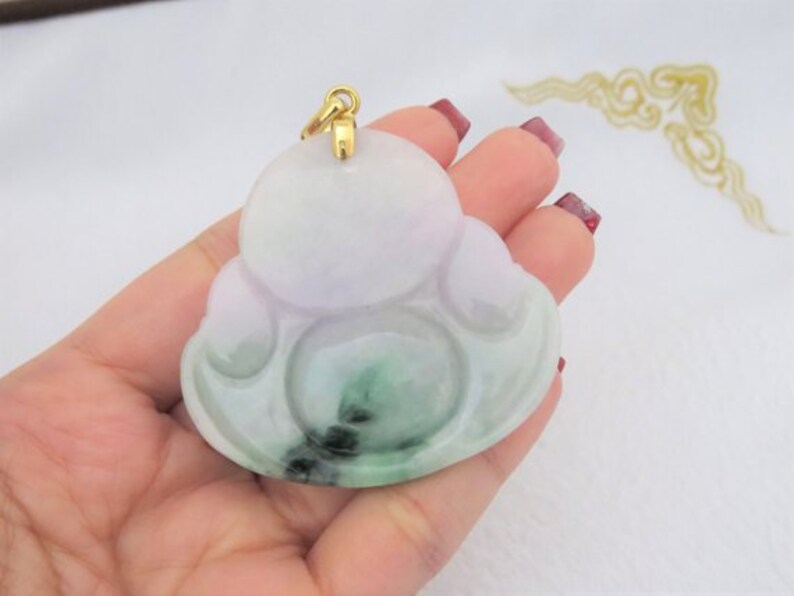 Vintage 18K Solid Yellow Gold Green Light Lavender White Jadeite Jade Carved Laughing Buddha Pendant