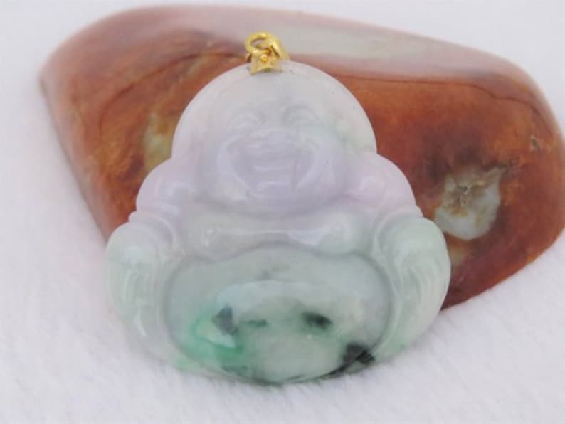 Vintage 18K Solid Yellow Gold Green Light Lavender White Jadeite Jade Carved Laughing Buddha Pendant