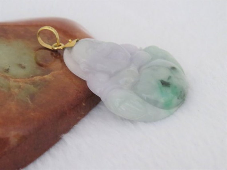 Vintage 18K Solid Yellow Gold Green Light Lavender White Jadeite Jade Carved Laughing Buddha Pendant
