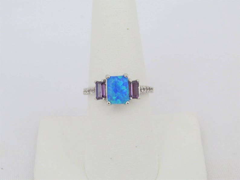 Amethyst /& White Topaz Engagement Ring Size 7 Vintage Sterling Silver Blue Opal