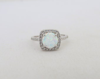 Vintage Sterling Silver White Opal & White Topaz Engagement Ring Size 7