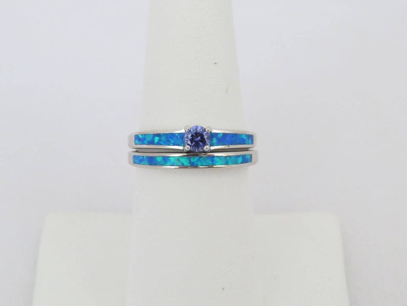 Vintage Sterling Silver Tanzanite /& Inlay Blue Opal Ring Set Size 9