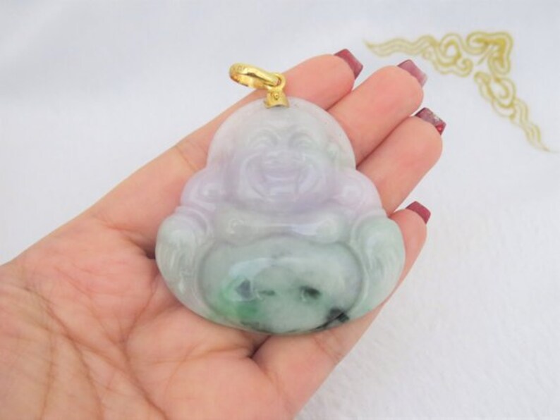 Vintage 18K Solid Yellow Gold Green Light Lavender White Jadeite Jade Carved Laughing Buddha Pendant