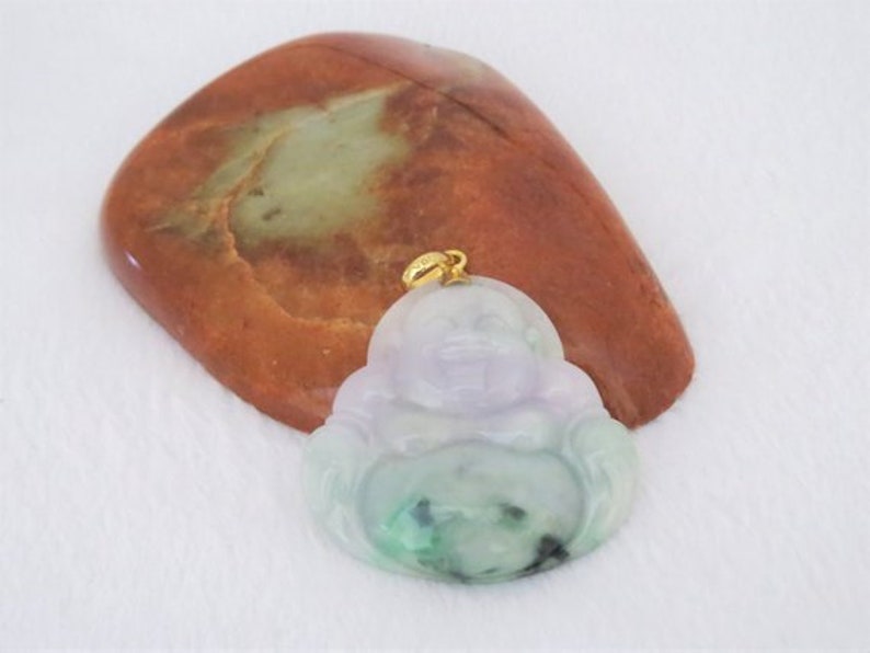 Vintage 18K Solid Yellow Gold Green Light Lavender White Jadeite Jade Carved Laughing Buddha Pendant