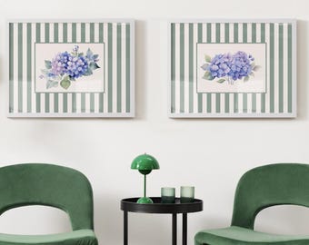 Zestaw dekoracji ściennych z hortensją w paski – Moody Floral Prints, Vintage Nancy Meyers, Grandmillenial Decor, komedia romantyczna z lat 90.