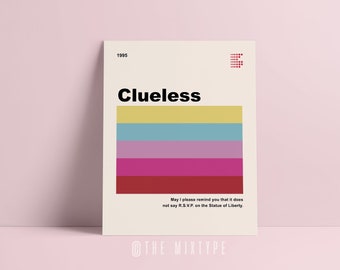 Clueless Minimalist Digital Print, Retro Colorblock, Movie Poster, VHS, Color Palette, 8x10