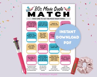 Juego de emparejar citas de películas de los 80 / Imprimible para despedida de soltera (PDF)
