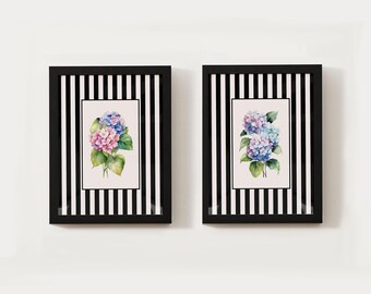 Zestaw dekoracji ściennych z hortensją w paski – Moody Floral Prints, Vintage Nancy Meyers, Grandmillenial Decor