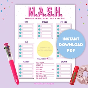 MASH Printable Game | Instant Download | Bachelorette Games | Bridal Shower Games | Slumber Party