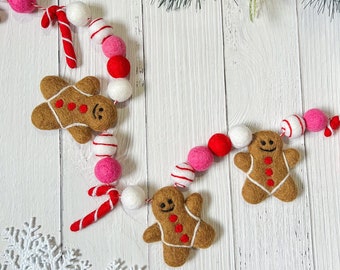 Gingerbread man garland, Christmas felt ball garland ,Candy cane garland, Felt pom poms garland, Christmas pompom Decorations