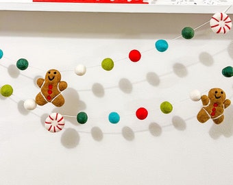 Retro Gingerbread man garland, Christmas peppermint pom pom garland ,Christmas gingerbread garland, Felt ball garland, Christmas  Decor