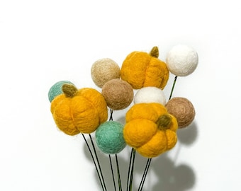 Ramo de flores de calabaza mostaza, ramo de bolas de fieltro, pieza central de calabaza, guirnalda de calabaza de otoño, decoración de otoño, decoración de acción de gracias de calabaza