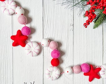 Pink peppermint garland, Christmas felt ball garland ,Peppermint garland, Christmas Decorations ,pink Christmas decor, holiday garland