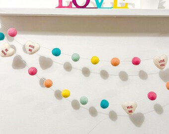 Pastel Valentine's Day decor,Heart decoration, Heart decor,Valentine's Day decor,Felt ball garland,pom pom garland, Conversation Heart decor