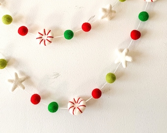 Peppermint Felt ball garland ,candy cane garland, Christmas Décor Christmas garland , holiday decor, star garland, Christmas decorations