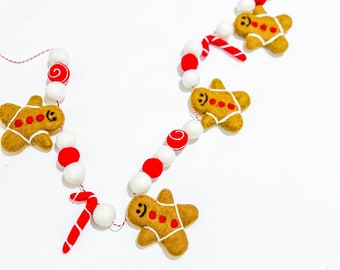 Red & White Gingerbread man garland, Christmas felt ball garland ,Candy cane garland, Felt pom poms garland, Christmas pompom Decorations