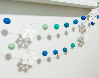 turquoise and blue snowflake felt ball garland, Winter garland ,snowflake decor ,ombre turquoise decor, Winter wonderland decorations