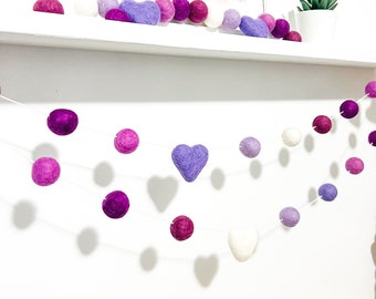 Purple Heart garland , Felt Heart Garland , Valentines Day Felt Ball Garland , Purple felt ball garland , Purple home decor , heart decor