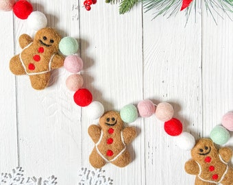 Pastel Gingerbread man garland, Christmas felt ball garland ,Candy cane garland, Felt pom poms garland, Christmas pompom Decorations