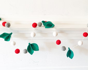 Grey and Red felt ball garalnd ,Christmas felt ball garland , Christmas leaf garland, Red and White garland , Christmas garland for mantel