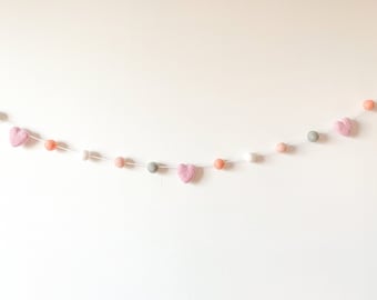Peach and White Garland , Felt Heart Garland , Valentines Day Felt Ball Garland , Pink and grey Garland , Valentines day decor