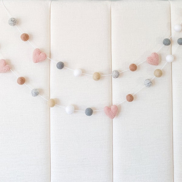 Blush Grey and White Garland , Felt Heart Garland , Valentines Day Felt Ball Garland , Boho Garland , Valentines day decor , Boho decoration