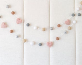 Blush Grey and White Garland , Felt Heart Garland , Valentines Day Felt Ball Garland , Boho Garland , Valentines day decor , Boho decoration