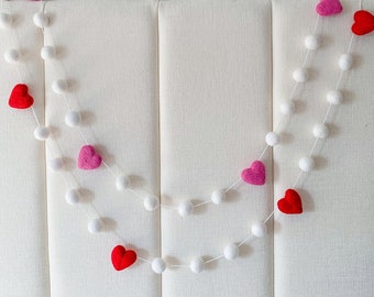 White and pink Garland , White and red garland, Felt Heart Garland , Valentines Day Felt Ball Garland , Valentines day decor , heart decor