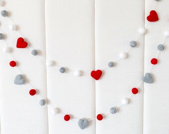 Red and Grey Garland , Felt Heart Garland , Valentines Day Felt Ball Garland , Grey and Red Garland , Valentines day decor , Felt Hearts