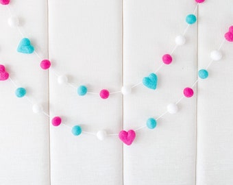 Pink and Aqua Garland , Felt Heart Garland , Valentines Day Felt Ball Garland , Blush and Aqua Garland , Valentines day decor , Heart decor