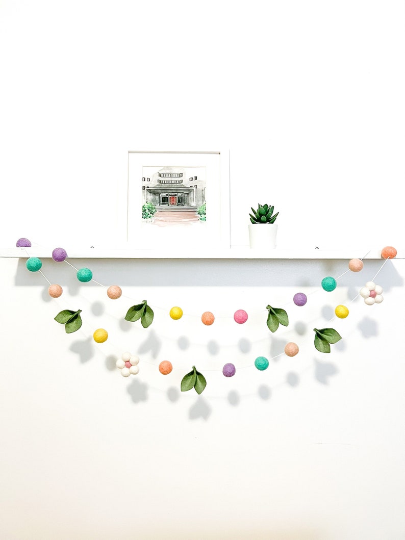 Spring felt ball garland , Spring decor , spring decorations , Spring flowers, blush decor , Pastel Decor , easter decor, easter garland image 1