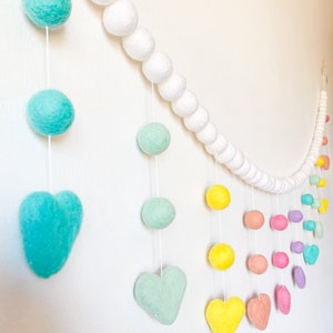 Pastel Rainbow Hanging Garland , Felt ball garland , Heart Felt garland , Whimsical decoration, rainbow nursery decoration, kids room decor image 2