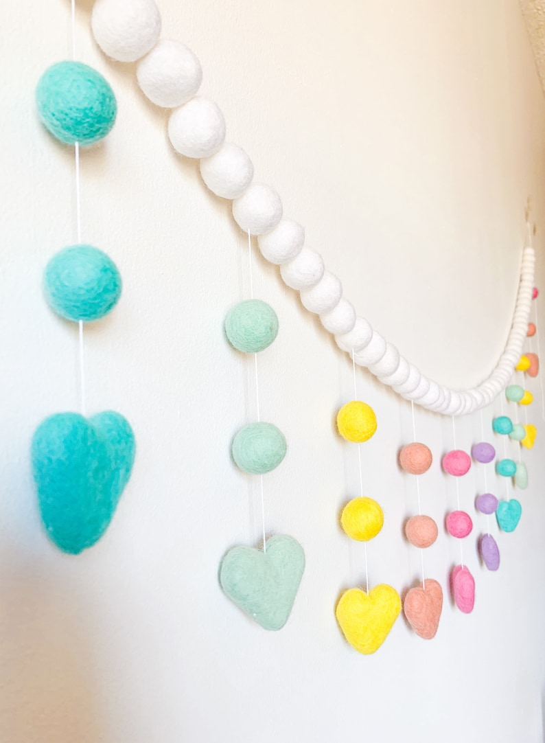 Pastel Rainbow Hanging Garland , Felt ball garland , Heart Felt garland , Whimsical decoration, rainbow nursery decoration, kids room decor image 2