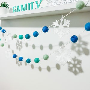 turquoise and blue snowflake felt ball garland, Winter garland ,snowflake decor ,ombre turquoise decor, Winter wonderland decorations image 3