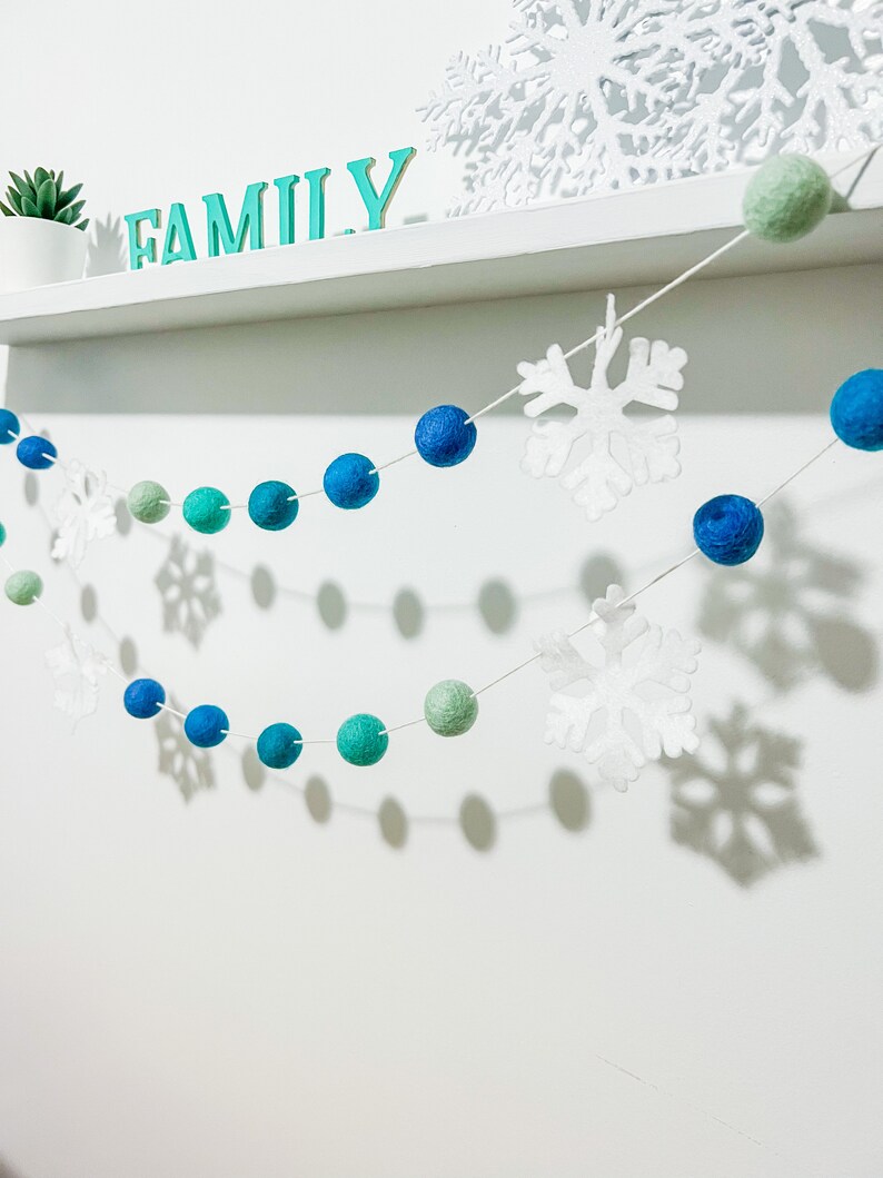 turquoise and blue snowflake felt ball garland, Winter garland ,snowflake decor ,ombre turquoise decor, Winter wonderland decorations image 3