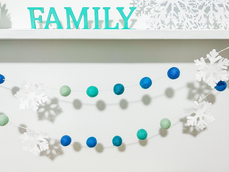 turquoise and blue snowflake felt ball garland, Winter garland ,snowflake decor ,ombre turquoise decor, Winter wonderland decorations image 4