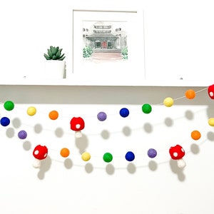 Bright Rainbow Felt Ball Garland , Rainbow Garland , Back to school decor, Classroom decor, kids room decor, Felt red mushroom garland