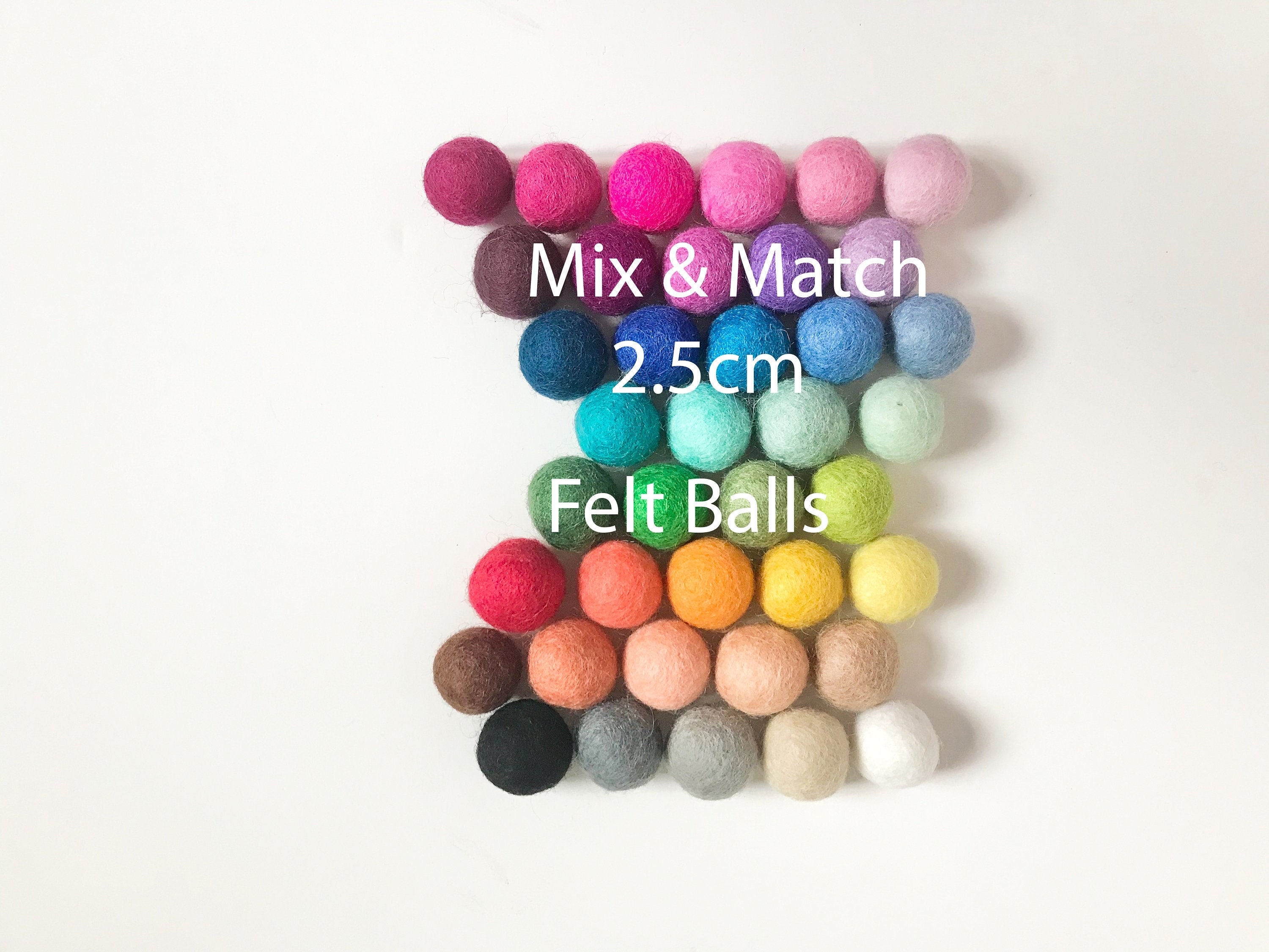 2.5 cm handmade felt balls - Wholesale Bulk Quantity: 50 - Pastel Rainbow  Colors - 100% Wool Poms for Crafts, Garland Making, March Bunting, Mantel