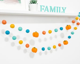 Orange pumpkin garland , fall pumpkin décor, Thanksgiving decor, rustic farmhouse fall decor ,Turquoise and mustard, Felt ball Garland