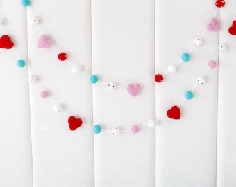 Red and Aqua Garland , Felt Heart Garland , Valentines Day Felt Ball Garland , Blush and Red Garland , Valentines day decor , Felt Hearts