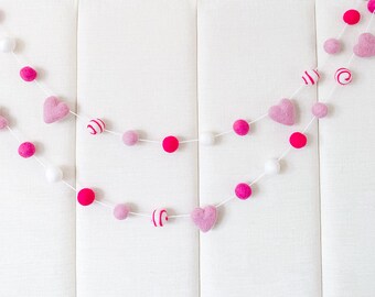 Blush and White Garland , Felt Heart Garland , Valentines Day Felt Ball Garland , Pink heart Garland , Valentines day decor , Felt Hearts