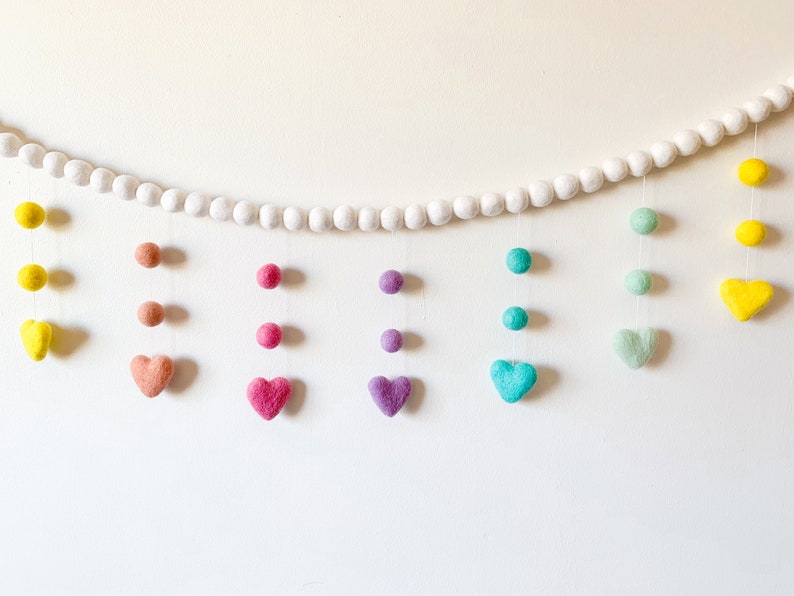 Pastel Rainbow Hanging Garland , Felt ball garland , Heart Felt garland , Whimsical decoration, rainbow nursery decoration, kids room decor image 3